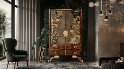 Vintage cabinet reimagined with luxurious finishes, highlighted in a sophisticated interior - obrazy, fototapety, plakaty