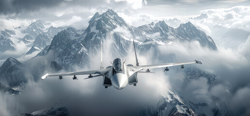 An fighter jet accelerating up with a mountain scene in the background. Generative AI. - Powered by Adobe
