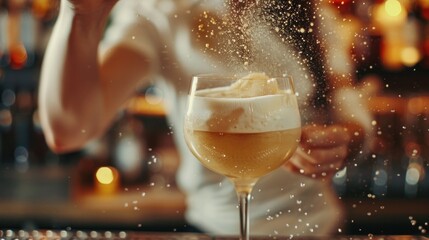 direct view of glass with bright delicious frothy cocktail that woman bartender holds with her hand and sprinkles on it. A lot of drops around  - obrazy, fototapety, plakaty