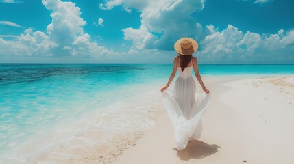 Happy traveller woman in white dress and hat standing on beautiful tropical sandy beach. vacation concept