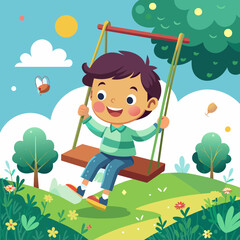 A boy playing on a swing