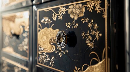 Showcasing a fusion of luxury and nostalgia, a close-up view of a cabinet with vintage elegance - obrazy, fototapety, plakaty