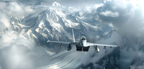An fighter jet accelerating up with a mountain scene in the background. Generative AI.