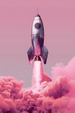 Rocket in the pastel pink sky.
