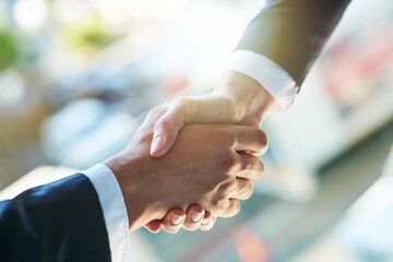 Business people, handshake and partnership with meeting for collaboration, greeting or b2b at...