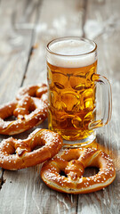 Refreshing Beer and Pretzel on White Wood