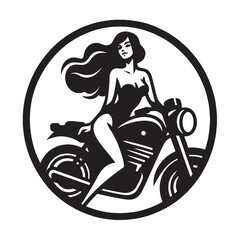 Fototapeta na wymiar Beautiful young woman with dark hair on a motorcycle. vintage isolated illustration, icon, round retro emblem. Black outline