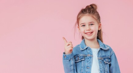 Smiling Young Girl in Denim Jacket Pointing Upwards Against a Pink Background