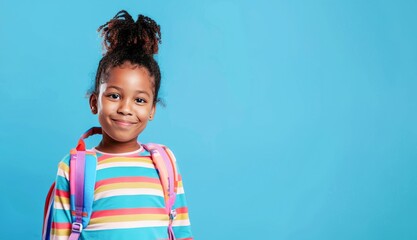 Smiling Young Girl With Backpack Ready for School on a Bright Blue Background