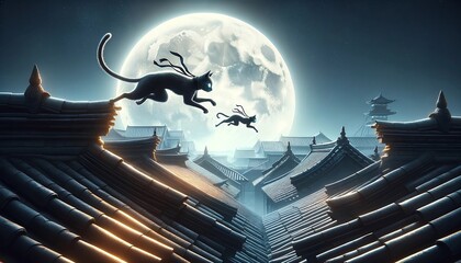 屋根を駆け抜ける、ニンジャネコ