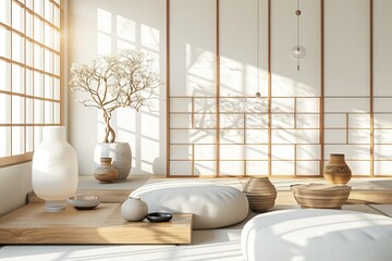 Tranquil Japanese Traditional Living Room With Tatami Floors and Shoji Doors in Morning Light