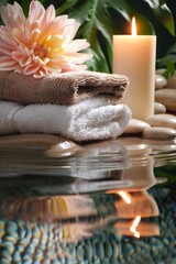 Serene Spa Setting With Folded Towels, Lit Candle, and Reflective Water Surface