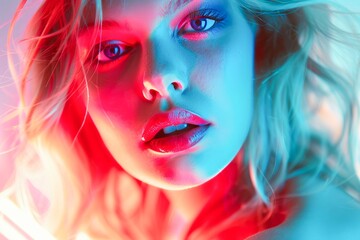 Captivating Portrait of a Young Woman in Vibrant Neon Lights at Night