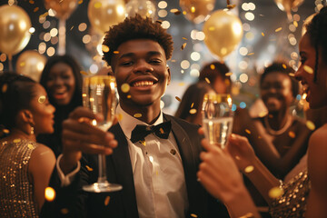 black man dressed in formal attire with champagne smiling for the camera against bokeh lights and glittering decorations. celebrated at an elegant party,new year,  birthday or prom night. - obrazy, fototapety, plakaty
