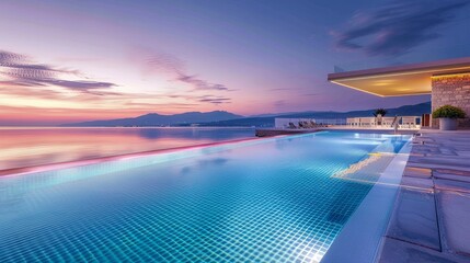 Infinity swimming pool by beach at the modern luxury hotel, Pieria, Greece 
