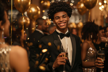 black man dressed in formal attire with champagne smiling for the camera against bokeh lights and glittering decorations. celebrated at an elegant party,new year,  birthday or prom night. - obrazy, fototapety, plakaty