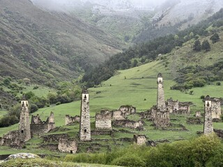 View of the medieval Targim tower complex in the Caucasus mountains surrounded by greenery. The Caucasus Mountains on a cloudy day in Ingushetia. Russia