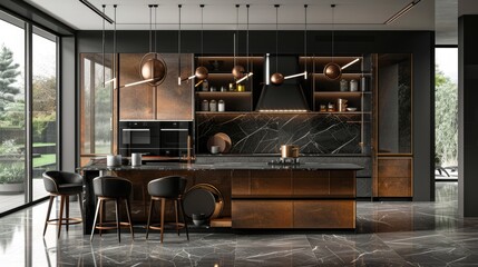 A modern kitchen cabinet in a luxurious setting, emphasizing clean lines and functional beauty