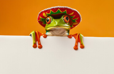 A cute Mexican frog wearing a traditional sombrero hat holding a blank advertising message banner