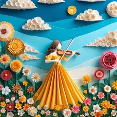 花畑でバイオリンを奏でる女性