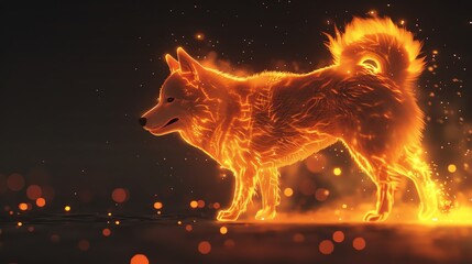 An artistic depiction of a dog glowing randomly, standing on a black ground, the scene captured in noiseless 4K HD for a clean, sharp look,