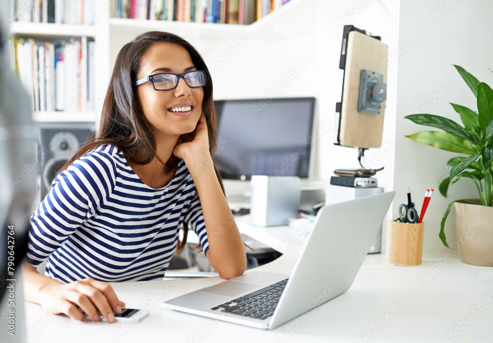 Wall mural Woman, laptop and freelancer on internet in portrait, online and research for information on article. Female person, glasses and copywriter on website, remote work and email for networking in home