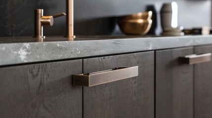 A close-up on the subtle elegance of modern cabinet hardware against a chic cabinet finish - obrazy, fototapety, plakaty
