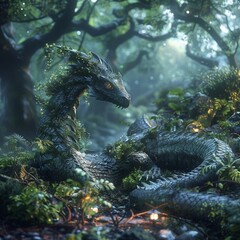 Basilisk sighting in an enchanted forest, mythological creatures, a quest for brave hearts  - obrazy, fototapety, plakaty