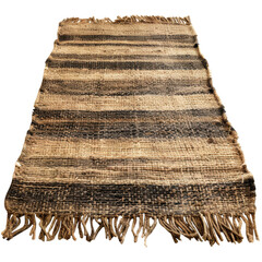 A brown and black striped handwoven rug with a fringe border. - obrazy, fototapety, plakaty