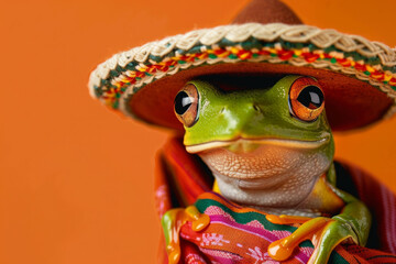 A Mexican frog wearing a traditional sombrero hat and clothing
