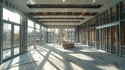 Beginning of construction, exterior, steel frame structure, drywall. Generative AI.