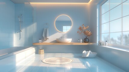 3d rendering of modern bathroom with wall mounted hand shower, light blue and white color theme,...