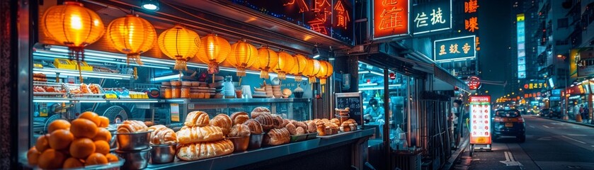 Pineapple Bun under neon signs in Hong Kong, sweet and savory contrast, night vibe