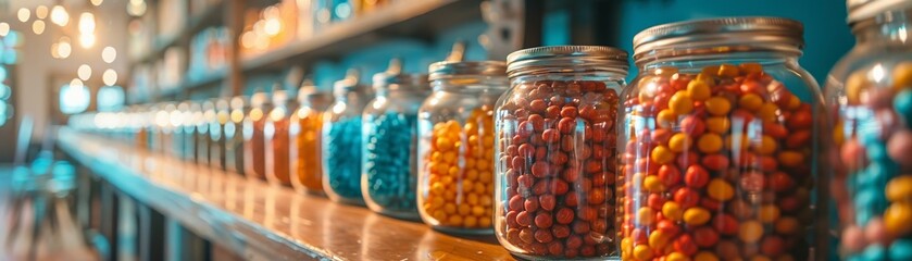Retro candy store, jars filled with colorful sweets, childhood wonder, a sugary time capsule  - obrazy, fototapety, plakaty