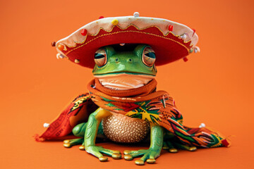 A Mexican frog wearing a traditional sombrero hat and clothing
