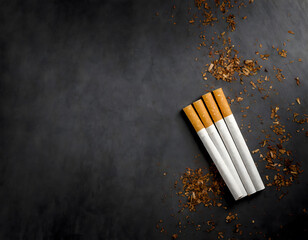 Black background with a single cigarette, representing smoking, addiction, and health risks