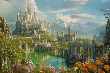 fairy tale elven kingdom with beautiful buildings and a castle