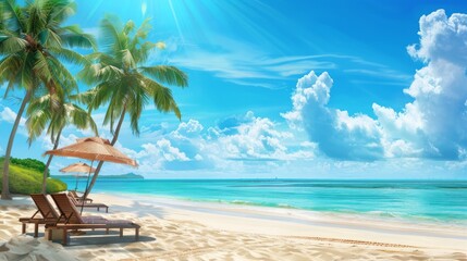 Tropical beach background with palm trees, blue sky and lounge chairs with umbrellas.