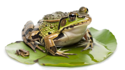 Two frogs on a lily pad, one small and one large, with a clear focus on the larger one.