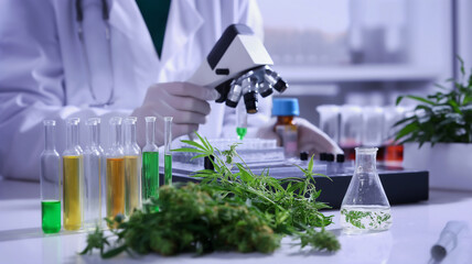 Scientist with a microscope analyzing cannabis samples in a laboratory setting.