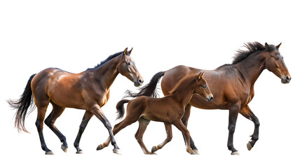 Three brown horses in motion, with a foal, isolated on a white background.