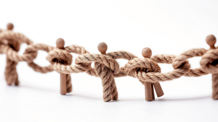 Wooden figures linked by a twisted rope, symbolizing connection and teamwork.
