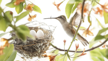 Hummingbird in flight near its nest with eggs among blooming branches.