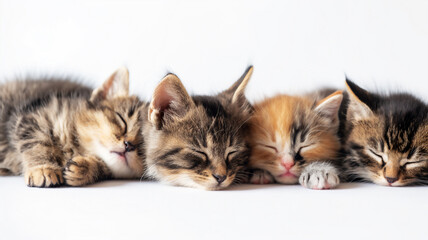 Four adorable kittens sleeping side by side on a white background.