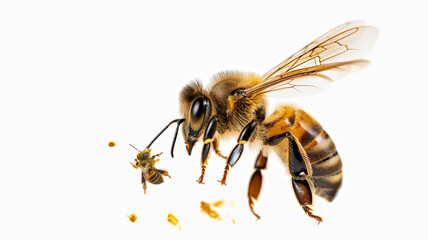 A close-up of a honeybee in flight with pollen particles, isolated on white.