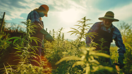 Farmers tending to cannabis plants in a sunlit field.