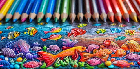 A row of colored pencils in a children's drawing
