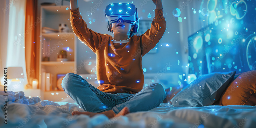 Leinwandbilder a boy wearing virtual reality glasses jumps on the bed, surrounded by digital elements and holograph