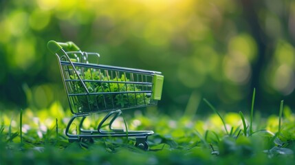 shopping cart in the grass, ecommerce, green colors