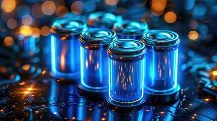 Two sets of blue lithium batteries, science fiction, blue tone. Generative AI.